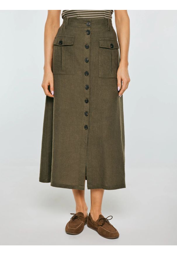 Big-Star - Spódnica damska lniana midi khaki Roliana 303. Okazja: na co dzień. Kolor: zielony. Materiał: len. Styl: casual