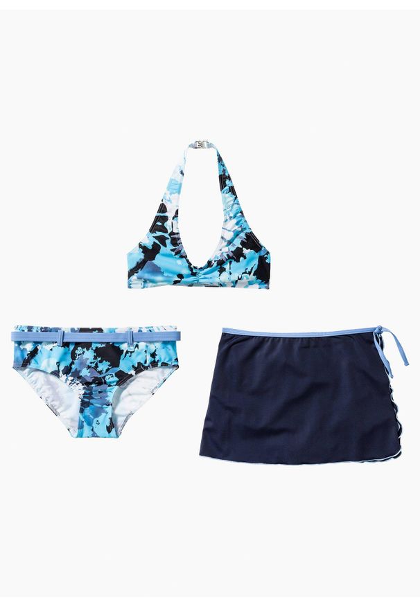 bonprix - Bikini + spódniczka (3 części). Kolor: niebieski. Materiał: prążkowany, tkanina, poliamid, materiał