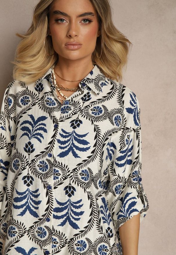 Renee - Niebieski Komplet z Motywem Roślinnym Koszula i Spodnie Divisla. Kolor: niebieski. Materiał: materiał