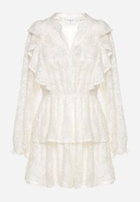 Born2be - Jasnobeżowa Rozkloszowana Sukienka Ozdobiona Falbankami z Gumką w Pasie Zinaviya. Okazja: na co dzień. Typ kołnierza: kołnierz z falbankami. Kolor: beżowy. Wzór: aplikacja. Typ sukienki: proste. Styl: casual, elegancki #7