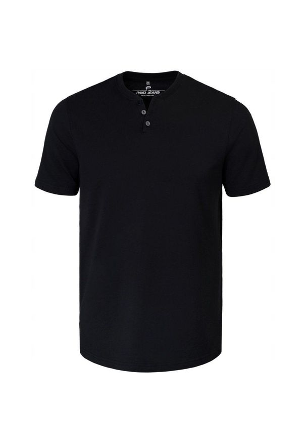 Męski T-Shirt, Dekolt z Guzikami - Pako Jeans - Czarna. Okazja: na co dzień. Kolor: czarny. Materiał: bawełna. Styl: casual