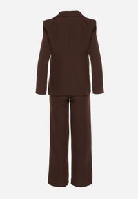 Born2be - Brązowy Komplet Garniturowy z Wiskozą Marynarka na Guzik i Szerokie Spodnie Tevora. Kolor: brązowy. Materiał: wiskoza. Wzór: aplikacja #3