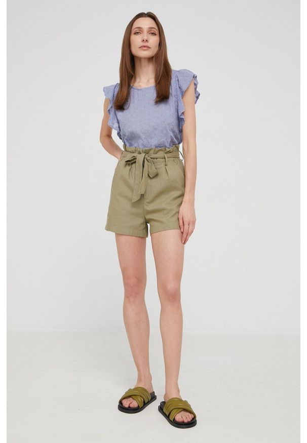 Answear Lab szorty z lnem damskie kolor zielony gładkie high waist. Stan: podwyższony. Kolor: zielony. Materiał: len. Wzór: gładki. Styl: wakacyjny