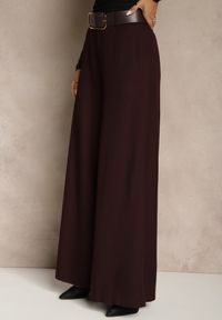 Renee - Bordowe Szerokie Garniturowe Spodnie z Bawełny High Waist Ozdobione Paskiem Tusneva. Okazja: na co dzień. Stan: podwyższony. Kolor: czerwony. Materiał: bawełna. Wzór: aplikacja. Styl: wizytowy, casual, elegancki #4