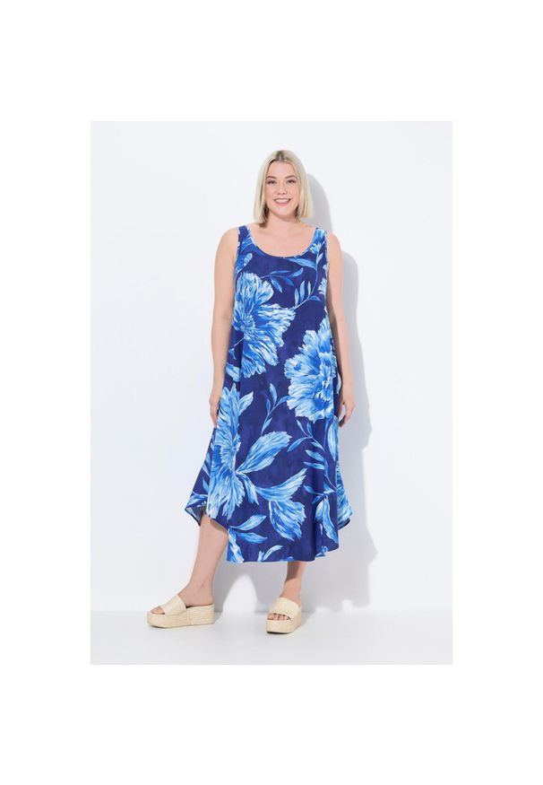 ULLA POPKEN - Damskie Sukienka midi kwiaty okrągły dekolt bez rękawów. Kolekcja: plus size. Kolor: niebieski. Materiał: materiał, wiskoza. Długość rękawa: bez rękawów. Wzór: kwiaty. Typ sukienki: sportowe, dla puszystych. Styl: sportowy. Długość: midi