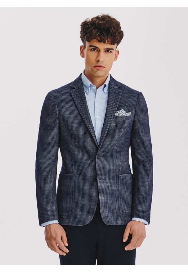 Pako Lorente - PAKO LORENTE - Casualowa marynarka męska w kolorze granatowym. Okazja: na co dzień. Kolor: niebieski. Materiał: poliester, bawełna, elastan. Styl: casual