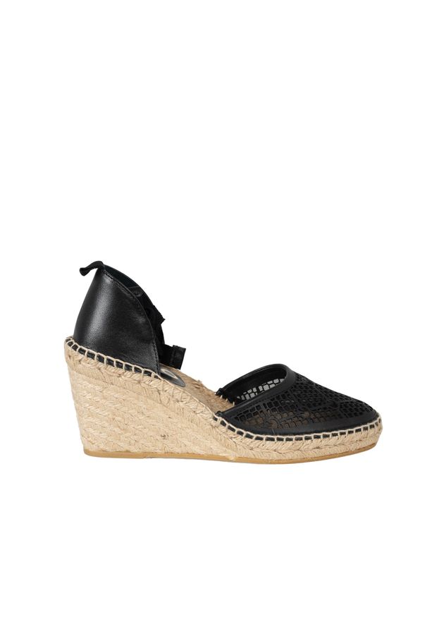 Pinko Espadryle "Patty" | 1H211A Y86A | Kobieta | Czarny. Okazja: na co dzień. Kolor: czarny. Materiał: skóra. Wzór: ażurowy, aplikacja. Obcas: na koturnie. Styl: elegancki, klasyczny, casual