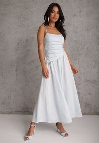 Renee - Niebieska Sukienka z Bawełny na Ramiączkach z Asymetryczną Warstwą w Talii Petimelle. Kolor: niebieski. Materiał: bawełna. Długość rękawa: na ramiączkach. Typ sukienki: asymetryczne #1