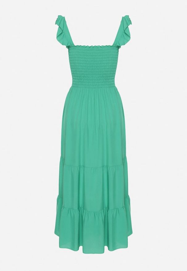 Born2be - Zielona Rozkloszowana Bawełniana Sukienka na Ramiączkach z Gumkami i Falbanką Mevesta. Okazja: na spacer. Typ kołnierza: dekolt kwadratowy, kołnierz z falbankami. Kolor: zielony. Materiał: bawełna. Długość rękawa: na ramiączkach