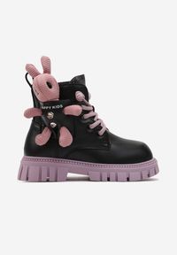 Born2be - Czarno-Fioletowe Botki Workery z Ozdobnym Misiem Mulia. Kolor: czarny