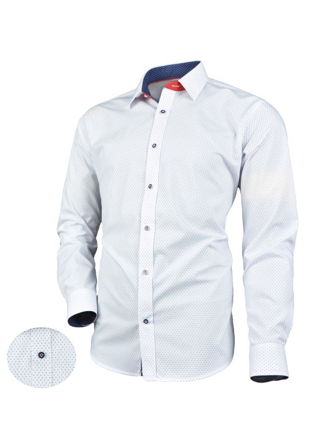 Victorio - Biała, Męska Koszula VICTORIO, Drobny Wzorek, Czerwone Zdobienia, SLIM-FIT. Kolor: wielokolorowy, biały, czerwony. Materiał: poliester, bawełna. Długość rękawa: długi rękaw. Długość: długie. Wzór: aplikacja. Styl: elegancki