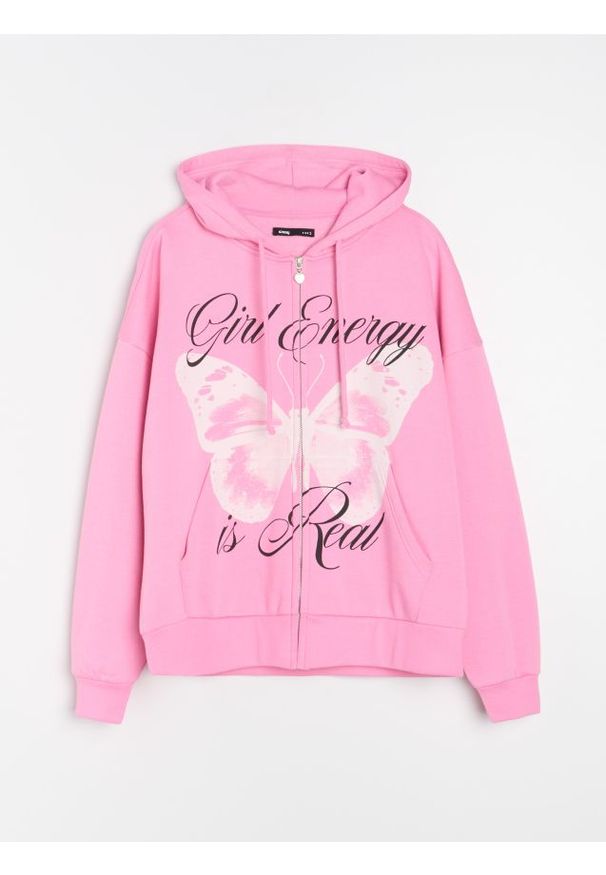 Sinsay - Bluza zip hoodie z nadrukiem - różowy. Kolor: różowy. Wzór: nadruk