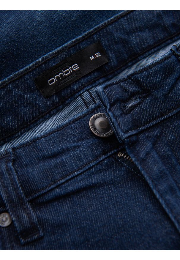 Ombre Clothing - Krótkie spodenki męskie jeansowe z delikatnym washem – ciemnoniebieskie V3. Kolor: niebieski. Materiał: jeans. Długość: krótkie. Wzór: aplikacja. Sezon: lato. Styl: klasyczny, wakacyjny