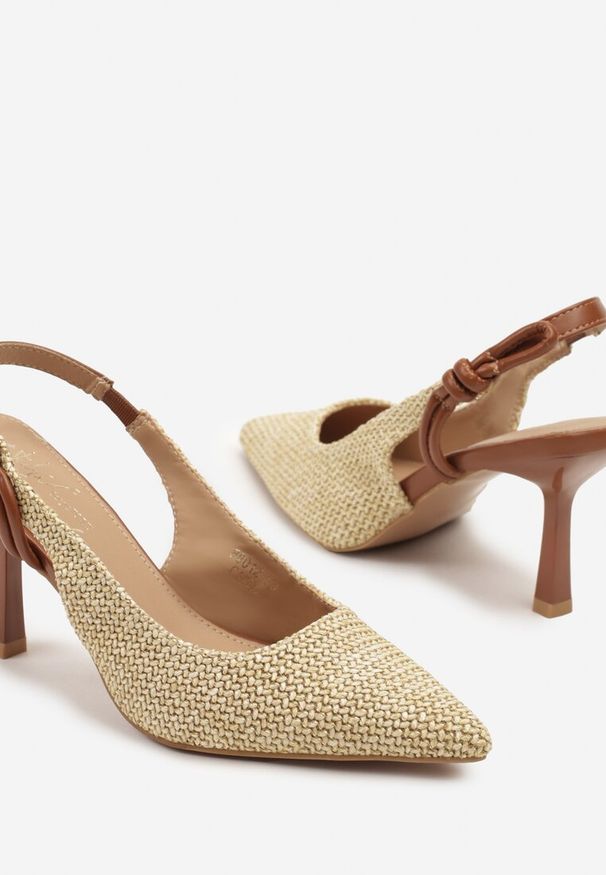 Renee - Brązowo-Beżowe Sandały na Szpilce Typu Slingback Ozdobione Plecionką Pulvia. Okazja: na imprezę, na co dzień. Kolor: brązowy. Wzór: aplikacja. Obcas: na szpilce. Styl: klasyczny, casual, elegancki. Wysokość obcasa: średni