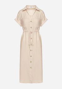 Born2be - Beżowa Sukienka Koszulowa z Wiskozy Wiązana w Pasie Florazi. Okazja: na co dzień. Typ kołnierza: dekolt w serek. Kolor: beżowy. Materiał: wiskoza. Długość rękawa: krótki rękaw. Typ sukienki: koszulowe. Styl: casual, elegancki. Długość: midi #5