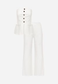 Renee - Beżowy Komplet Top Bandeau Zdobiony Guzikami i Spodnie o Szerokim Kroju Palarienna. Kolor: beżowy. Wzór: aplikacja #6