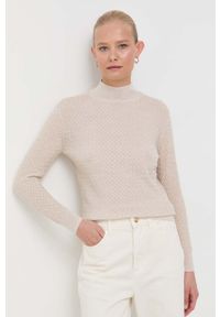 Armani Exchange sweter z domieszką wełny damski kolor złoty lekki z półgolfem. Kolor: złoty. Materiał: wełna. Wzór: ze splotem #1