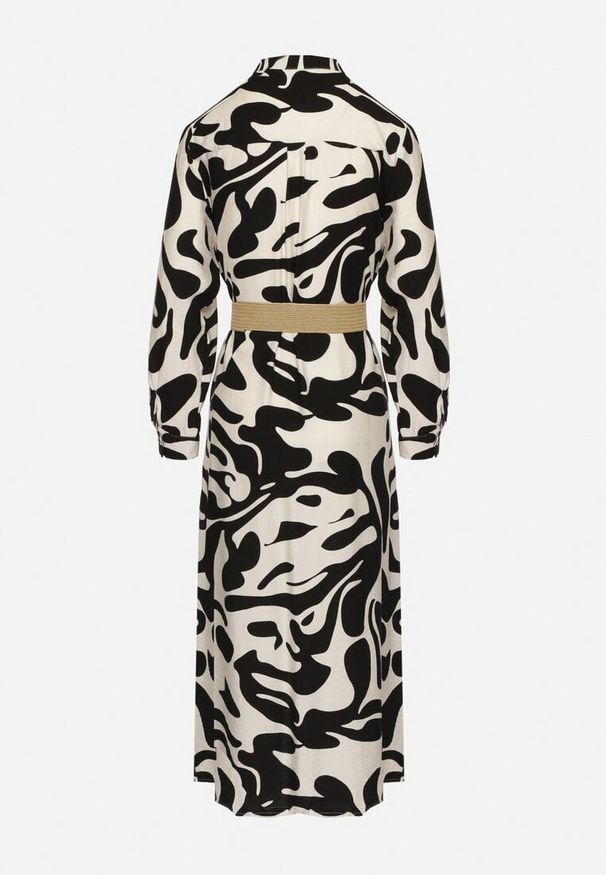 Born2be - Czarna Sukienka Koszulowa z Wiskozą w Abstrakcyjny Wzór z Paskiem Koredis. Okazja: na spacer, na co dzień. Kolor: czarny. Materiał: wiskoza. Długość rękawa: długi rękaw. Sezon: wiosna, lato. Typ sukienki: koszulowe. Styl: casual, elegancki