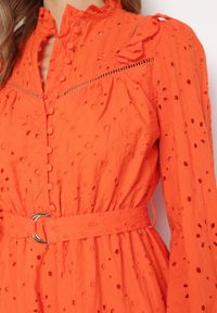 Born2be - Pomarańczowa Haftowana Sukienka Mini z Bawełny z Paskiem i Ażurowym Wzorem Aislina. Typ kołnierza: kołnierz z falbankami. Kolor: pomarańczowy. Materiał: bawełna. Wzór: ażurowy, haft. Sezon: wiosna, lato. Długość: mini #2