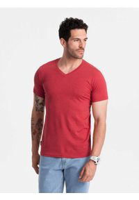 Ombre Clothing - Klasyczna męska bawełniana koszulka z dekoltem w serek BASIC – czerwony melanż V17. Typ kołnierza: dekolt w serek. Kolor: czerwony. Materiał: bawełna. Wzór: melanż. Styl: klasyczny #3