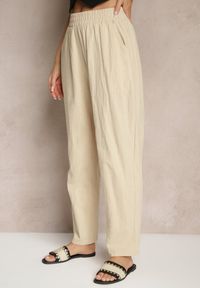 Renee - Beżowe Spodnie z Bawełny High Waist Sonirea. Okazja: na co dzień. Stan: podwyższony. Kolor: beżowy. Materiał: bawełna. Styl: casual #4