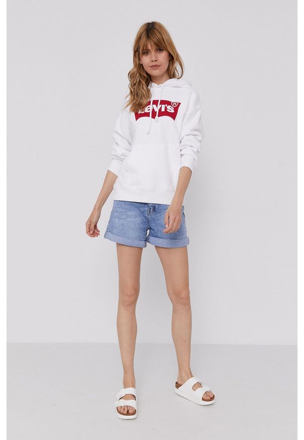 Levi's® - Levi's Bluza bawełniana damska kolor biały z kapturem z nadrukiem. Okazja: na spotkanie biznesowe, na co dzień. Typ kołnierza: kaptur. Kolor: biały. Materiał: bawełna. Długość rękawa: długi rękaw. Długość: długie. Wzór: nadruk. Styl: casual, biznesowy