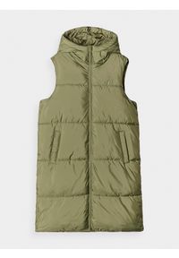4f - 4F Długi bezrękawniki puchowy pikowany z kapturem damski - khaki XS. Okazja: na co dzień. Typ kołnierza: kaptur. Kolor: brązowy, wielokolorowy, oliwkowy. Materiał: puch. Długość rękawa: bez rękawów. Długość: długie. Wzór: gładki. Styl: klasyczny, sportowy, casual