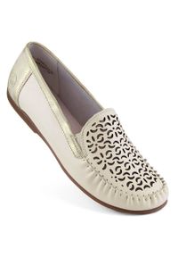 Skórzane komfortowe półbuty mokasyny damskie ażurowe beżowe Rieker L6350-60. Kolor: beżowy. Materiał: skóra ekologiczna. Wzór: ażurowy #1