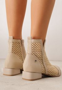 Renee - Beżowe Plecione Botki z Wkładką ze Skóry Naturalnej Nadelle. Kolor: beżowy. Materiał: skóra. Wzór: haft. Styl: elegancki, boho #5