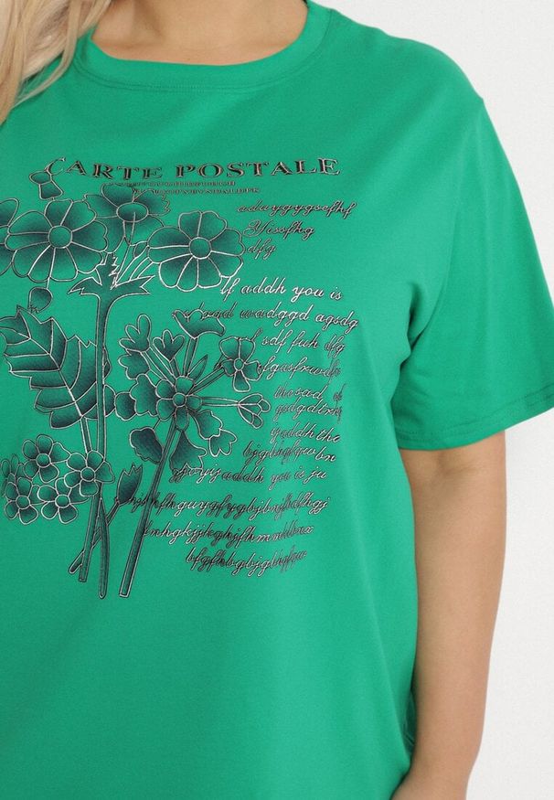 Born2be - Ciemnozielony T-shirt z Bawełny z Metalicznym Nadrukiem Olianea. Okazja: na co dzień. Kolor: zielony. Materiał: bawełna. Wzór: nadruk. Styl: klasyczny, casual