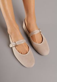 Renee - Ciemnobeżowe Balerinki Mary Jane z Klamrą Zaurg. Okazja: na co dzień. Zapięcie: klamry. Kolor: beżowy. Materiał: jeans. Styl: klasyczny, casual, elegancki #5