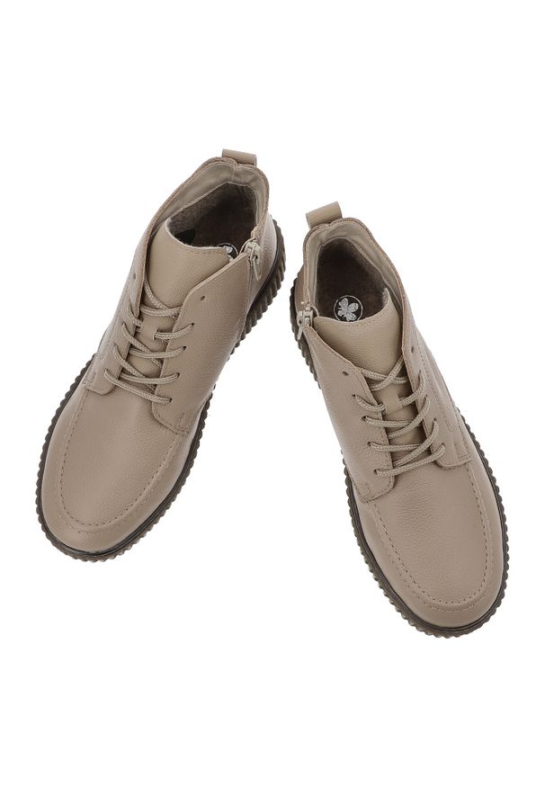 Beżowe Botki Rieker Modne Obuwie Damskie. Okazja: na co dzień. Zapięcie: sznurówki. Kolor: beżowy. Materiał: skóra. Szerokość cholewki: normalna. Styl: klasyczny, casual, elegancki