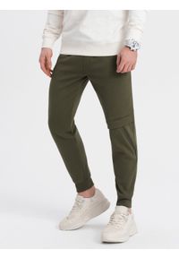 Ombre Clothing - Spodnie męskie dresowe z przeszyciem i zamkiem na nogawce - oliwkowe V3 - Rozmiar: XXL. Kolor: oliwkowy. Materiał: dresówka. Wzór: nadruk