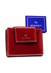 ROVICKY - Portfel skórzany Rovicky RV-70613-9-BCA czerwony. Kolor: czerwony. Materiał: skóra. Wzór: napisy, aplikacja, gładki