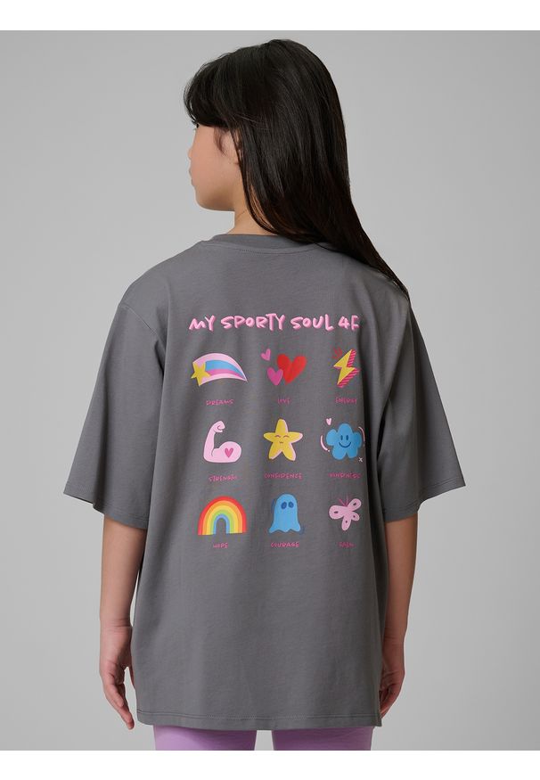 4f - 4F T-shirt loose z nadrukiem dziewczęcy - szary 158/164 (12-14 lat). Okazja: na uczelnię, na co dzień, na spacer. Kolor: szary. Materiał: materiał, bawełna, skóra, dzianina. Wzór: nadruk. Sezon: lato. Styl: casual