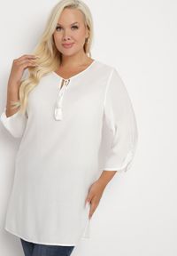 Born2be - Biała Wiązana Tunika Ozdobiona Troczkami Eviras. Okazja: na co dzień. Kolor: biały. Materiał: jeans, skóra. Wzór: aplikacja. Styl: elegancki, casual #6