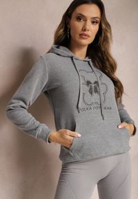 Renee - Szara Bluza Kangurka ze Ściągaczami z Nadrukiem i Polarem Simunsa. Kolor: szary. Materiał: polar. Wzór: nadruk. Styl: klasyczny