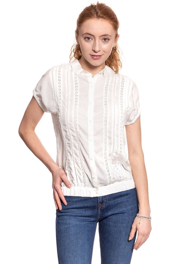 Wrangler - DAMSKA KOSZULA WRANGLER ROMANTIC TOP OFFWHITE W504LME02 112129262. Okazja: na co dzień. Wzór: aplikacja, ażurowy. Styl: casual, elegancki