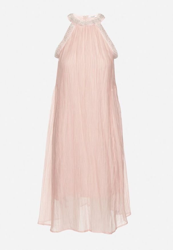 Born2be - Różowa Wieczorowa Sukienka Trapezowa bez Rękawów Ozdobiona Perełkami Gemalia. Okazja: na co dzień. Kolor: różowy. Materiał: jeans. Długość rękawa: bez rękawów. Wzór: aplikacja. Typ sukienki: trapezowe. Styl: wizytowy