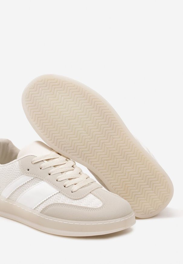 Born2be - Beżowe Sneakersy Tenisówki z Geometrycznym Wzorem Eleamila. Okazja: na co dzień. Zapięcie: sznurówki. Kolor: beżowy. Materiał: jeans. Wzór: geometria