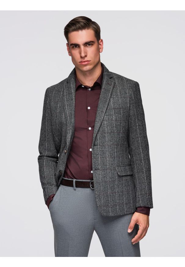 Ombre Clothing - Elegancka męska marynarka w kratkę z domieszką wełny – szara V1 - Rozmiar: M. Kolor: szary. Materiał: wełna. Wzór: kratka. Styl: elegancki