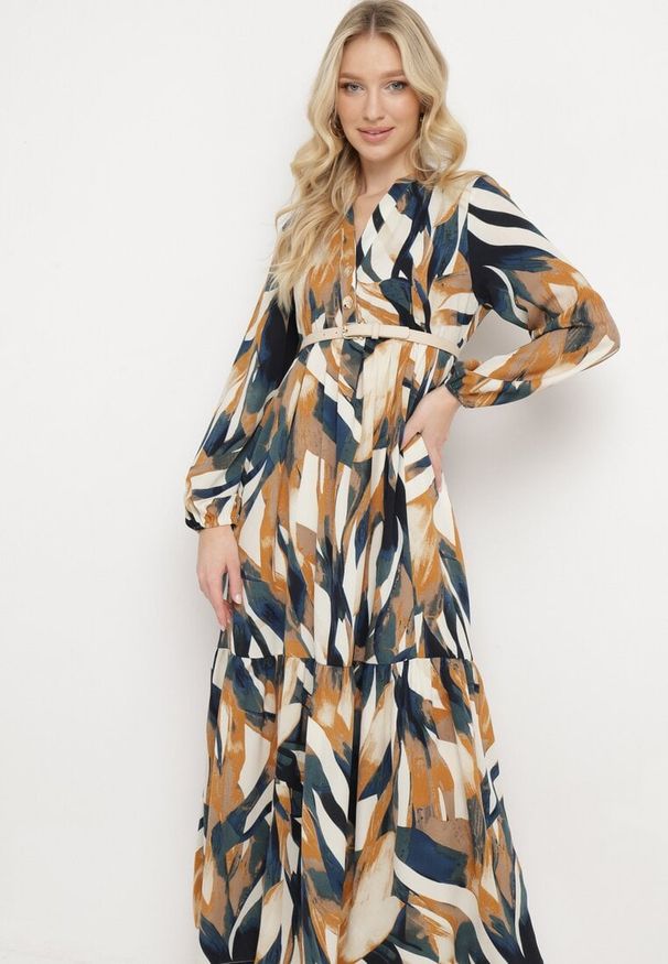 Born2be - Beżowo-Zielona Sukienka Rozkloszowana w Abstrakcyjny Print z Koszulową Górą Analow. Okazja: na co dzień. Kolor: beżowy. Materiał: tkanina. Wzór: nadruk. Typ sukienki: koszulowe. Styl: casual, elegancki