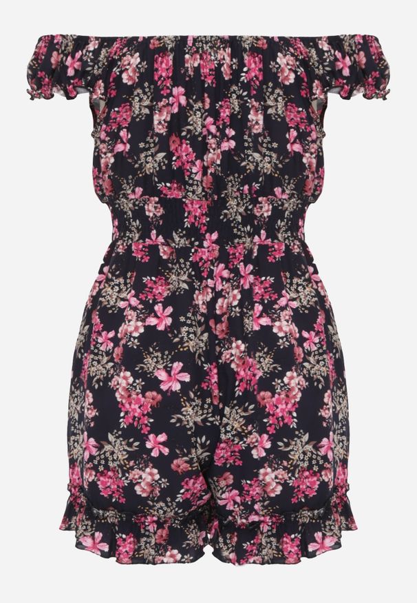 Renee - Granatowy Kombinezon z Wiskozy Rumi. Kolor: niebieski. Materiał: wiskoza. Długość rękawa: krótki rękaw. Długość: krótkie. Wzór: kwiaty