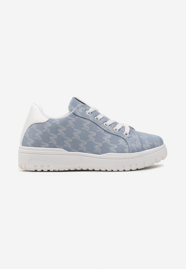 Renee - Niebieskie Sneakersy ze Sznurowaniem na Płaskiej Podeszwie z Wzorem z Liter Nollemia. Zapięcie: sznurówki. Kolor: niebieski. Materiał: jeans, bawełna. Obcas: na płaskiej podeszwie
