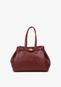 Renee - Bordowa Torebka Shopper z Dwoma Rączkami Ozdobiona Paskiem z Klamrą Remisse. Kolor: czerwony. Wzór: aplikacja. Styl: klasyczny, casual, elegancki. Rodzaj torebki: na ramię