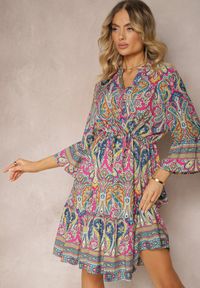 Renee - Różowo-Granatowa Rozkloszowana Sukienka w Stylu Boho z Gumką w Pasie i Guzikami Rasteria. Kolor: różowy. Materiał: tkanina. Sezon: lato. Styl: boho #4