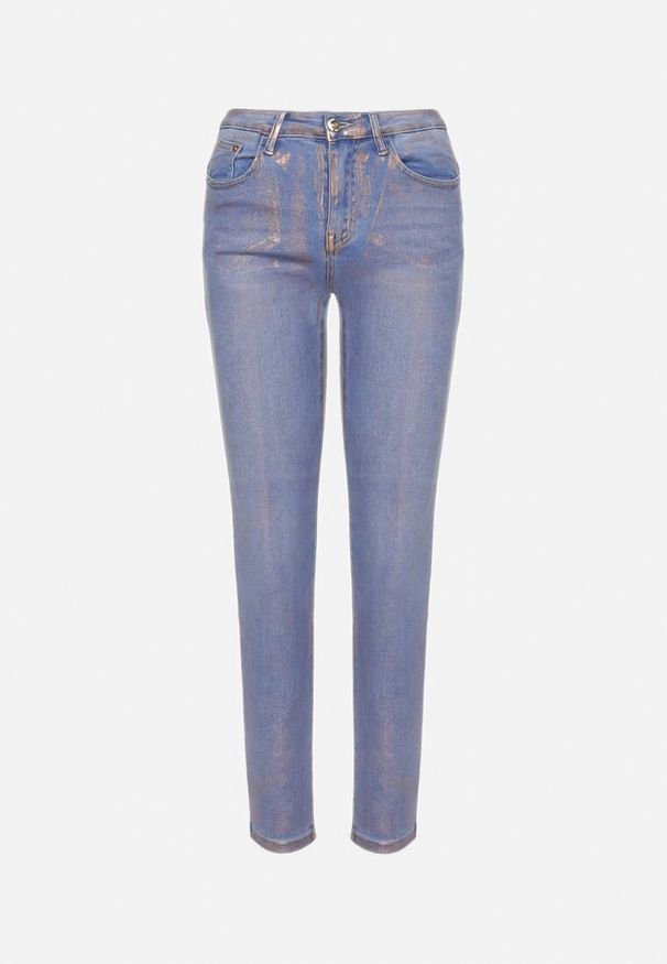 Born2be - Jasnoniebieskie Jeansy Skinny z Bawełny Ozdobione Złotą Farbą Taidda. Kolor: niebieski. Wzór: aplikacja. Styl: elegancki
