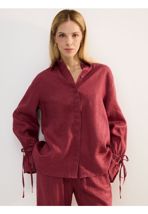 Reserved - Lniana koszula z wiązaniami - brudny róż. Kolor: różowy. Materiał: len