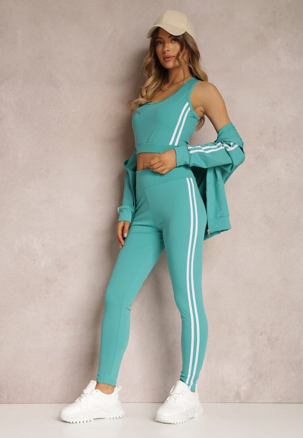 Renee - Zielony Komplet Dresowy 3-częściowy z Lampasami Fevina. Kolekcja: plus size. Kolor: zielony. Materiał: dresówka. Sport: fitness