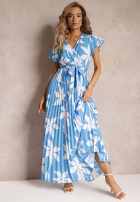 Renee - Niebieska Wiskozowa Sukienka Maxi z Gumką w Talii i Plisowanym Dołem Martisa. Kolor: niebieski. Materiał: wiskoza. Długość: maxi #1